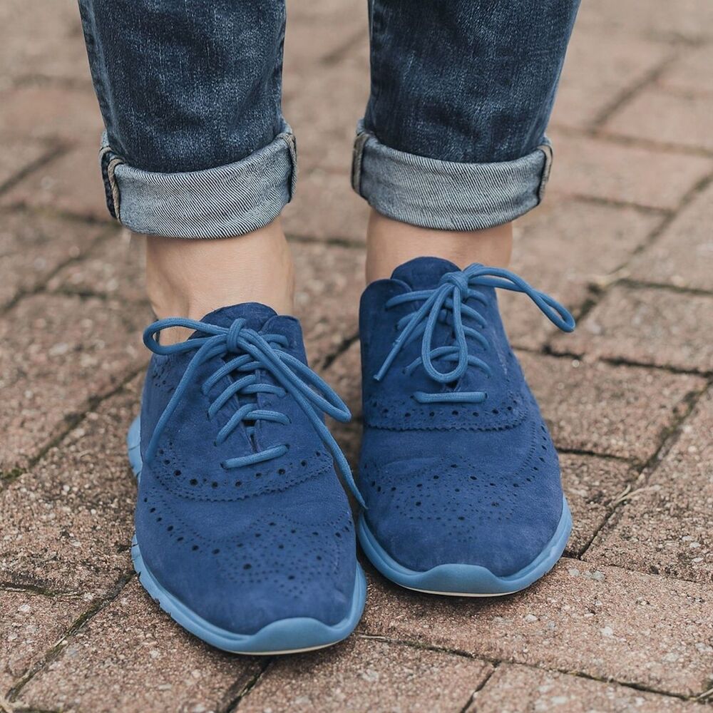 Cole Haan ZeroGrand Shoes Womens 8.5 B Blue Nubuck Leather Wingtip Sneakers - Picture 2 of 9